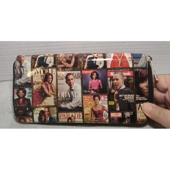 Michelle and Barack Obama Magazine Cover Collage Wallet Pre-Owned Zipper - Picture 6 of 8
